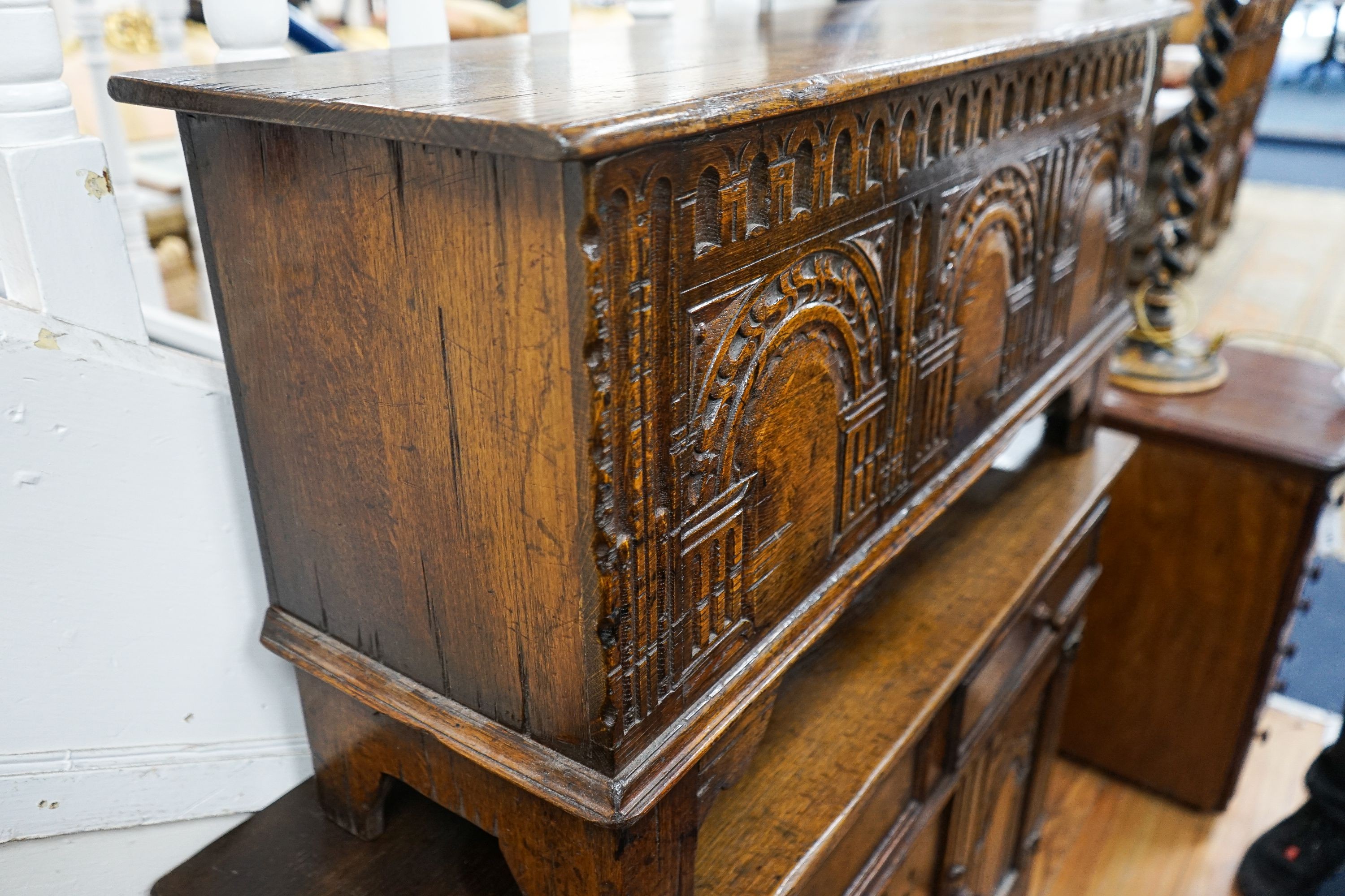 A Titchmarsh & Godwin reproduction small oak coffer, length 99cm, depth 30cm, height 48cm